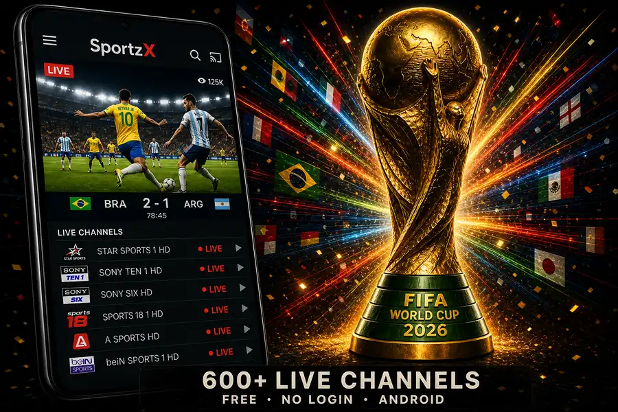Watch FIFA World Cup 2026 free on Android with SportzX — 600+ live HD channels, no subscription