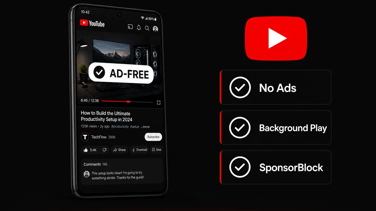 Watch YouTube ad-free on Android without Premium — background play, SponsorBlock, Return Dislike, free MOD APK