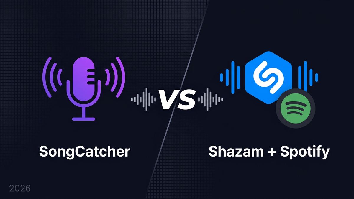 Deezer SongCatcher microphone icon facing Shazam logo on a dark background with purple and blue sound wave visualization