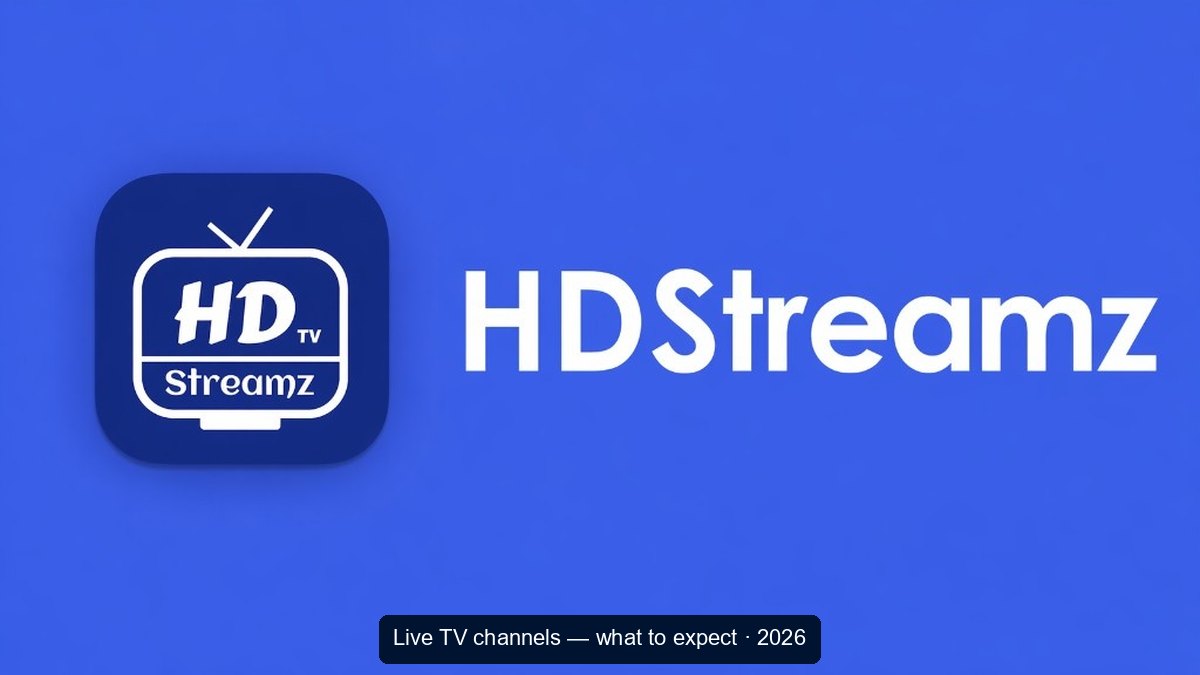 HD Streamz brand banner: royal blue background, rounded TV app icon, white HDStreamz wordmark; subtitle: Live TV channels what to expect 2026