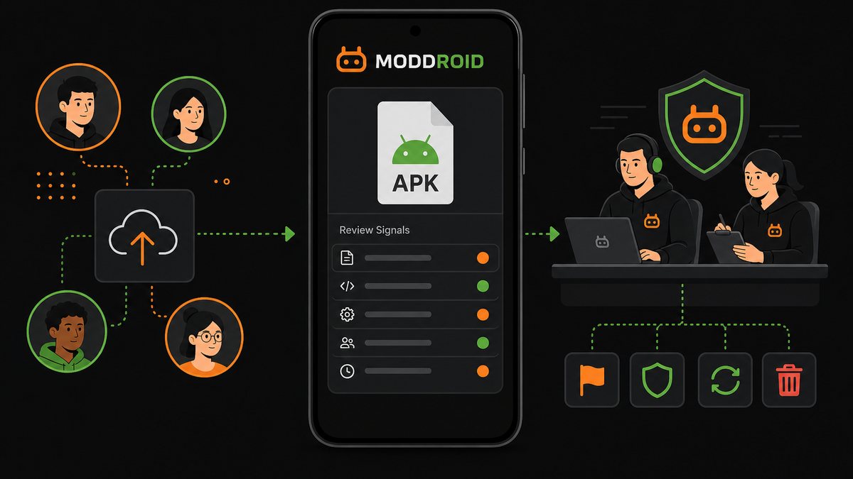 MODDROID user-submitted APK review workflow with upload, review signals, team reports, and moderation actions