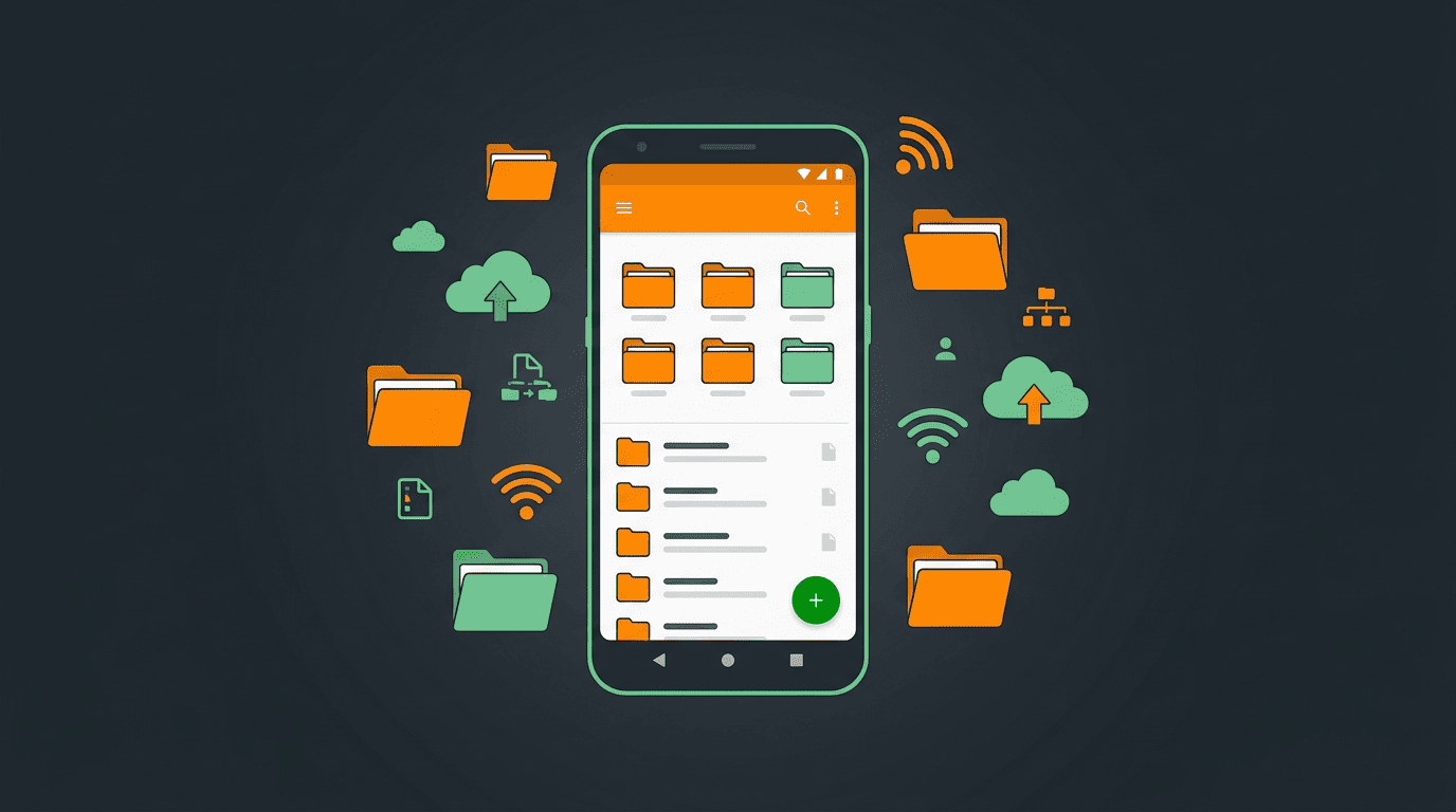 Android file manager theme—phone with folders and cloud-style icons for MiXplorer vs ES File Explorer