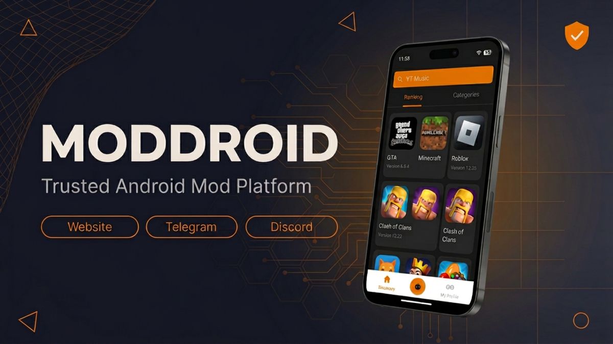 MODDROID trusted Android MOD APK platform with app catalog, safety checks, reports, reviews, Telegram, and Discord community