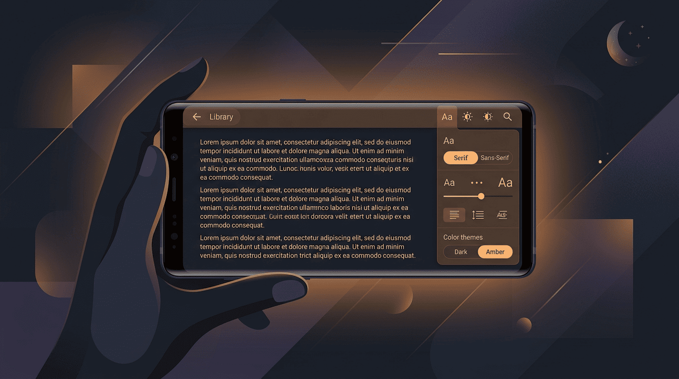 Moon+ Reader Pro style ebook reading on Android—night theme and typography controls