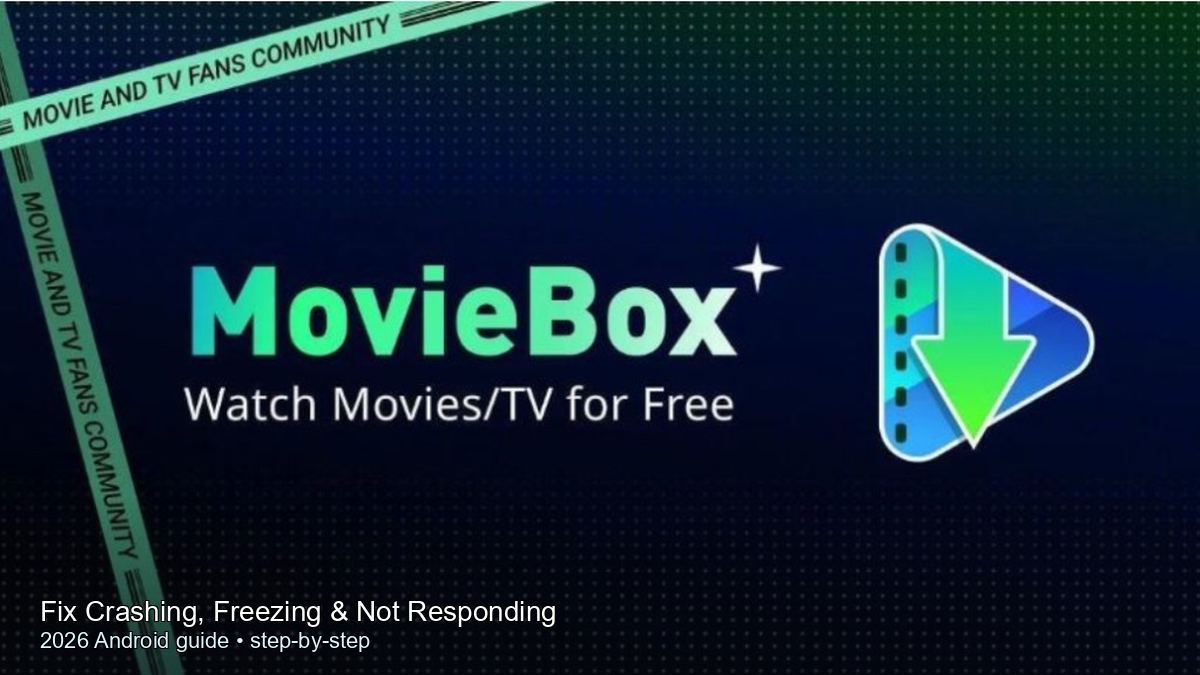 MovieBox+ style banner with teal and green logo, play icon, and ribbon—overlaid with Fix Crashing, Freezing, and not responding, 2026 Android troubleshooting