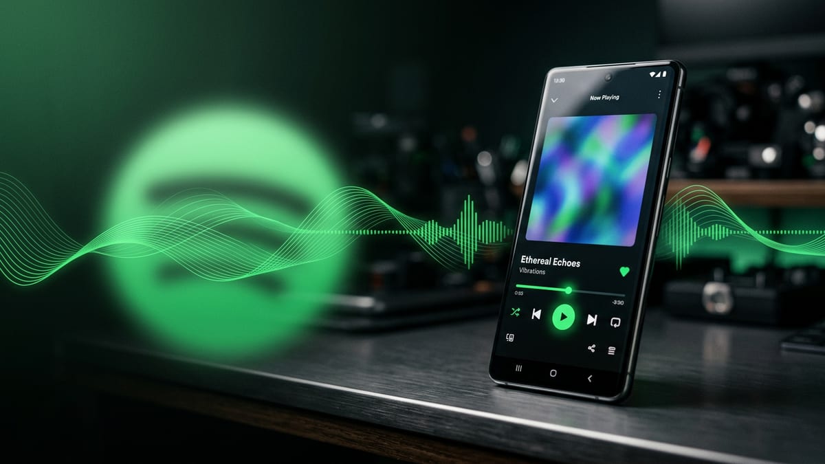 Android phone with Spotify-style green music UI, waveforms and glow—mod troubleshooting article hero