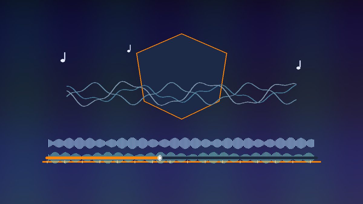 Abstract shield and sound waves on a dark blue gradient—with stereo waveform lanes, timeline scrub bar, and music-note accents (Spotify mod safety theme)