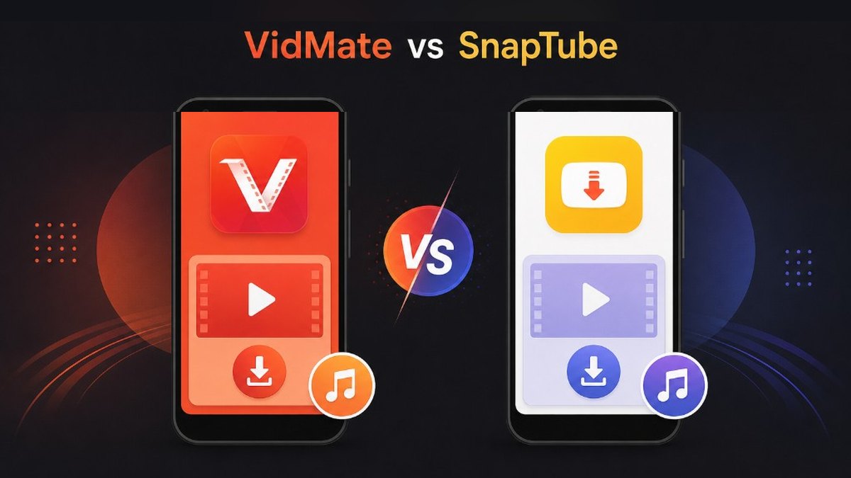 VidMate vs SnapTube Android video downloader comparison with two phones and download icons